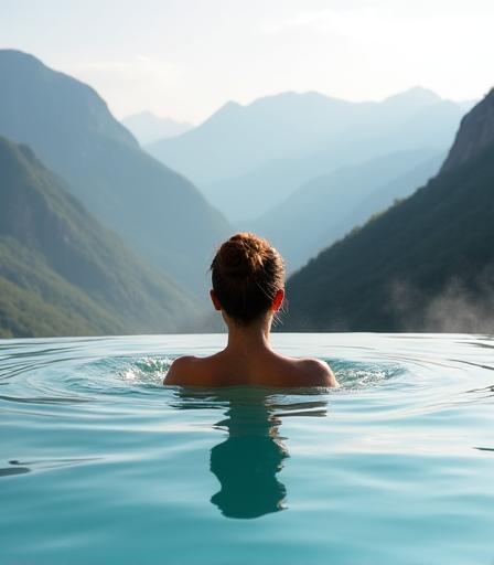 Eine Person entspannt in einem Infinity-Pool einer Therme mit Blick auf die Berge.