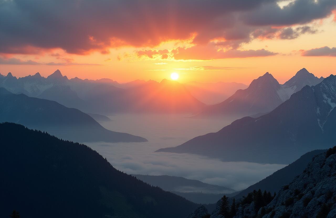 Majestätischer Sonnenaufgang über den österreichischen Alpen mit nebelverhangenen Tälern.